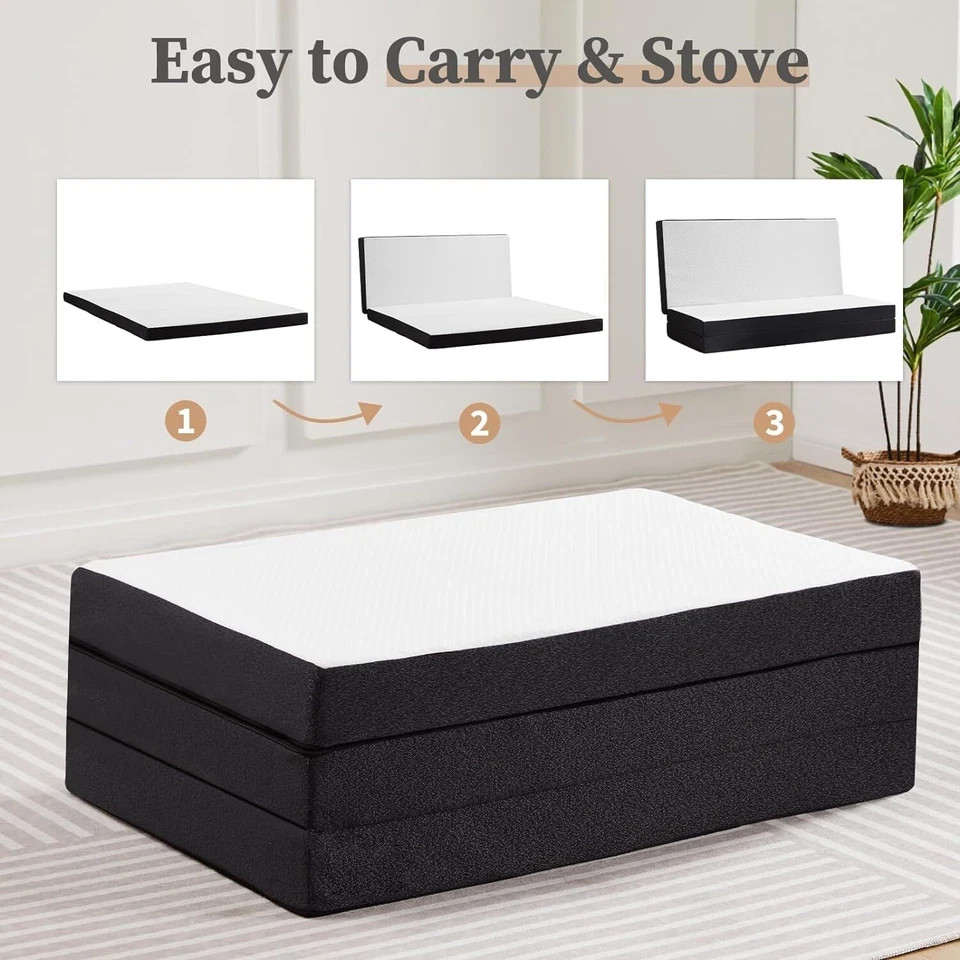4″ Tri-Fold Memory Foam Mattress Foldable Mattress Topper with Washable Cover
