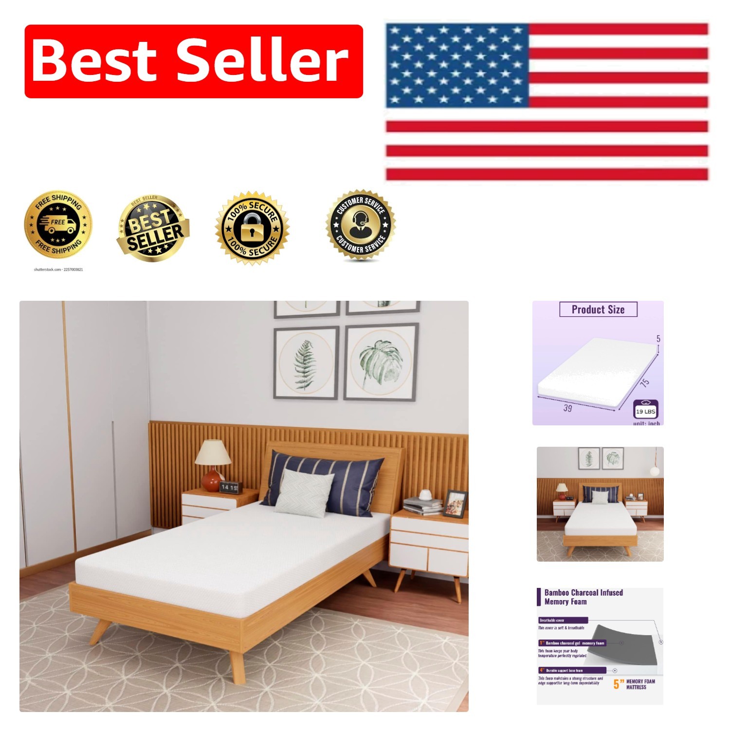 CertiPUR Certified 5-Inch Memory Foam Mattress with Bamboo Charcoal – Twin Size