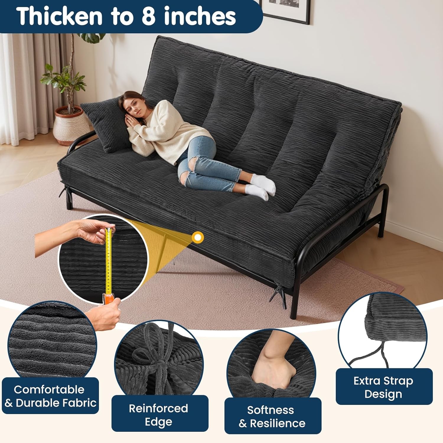 8 Inch Futon Mattr Full Size, Futon Floor Sofa Bed Foldable with Soft