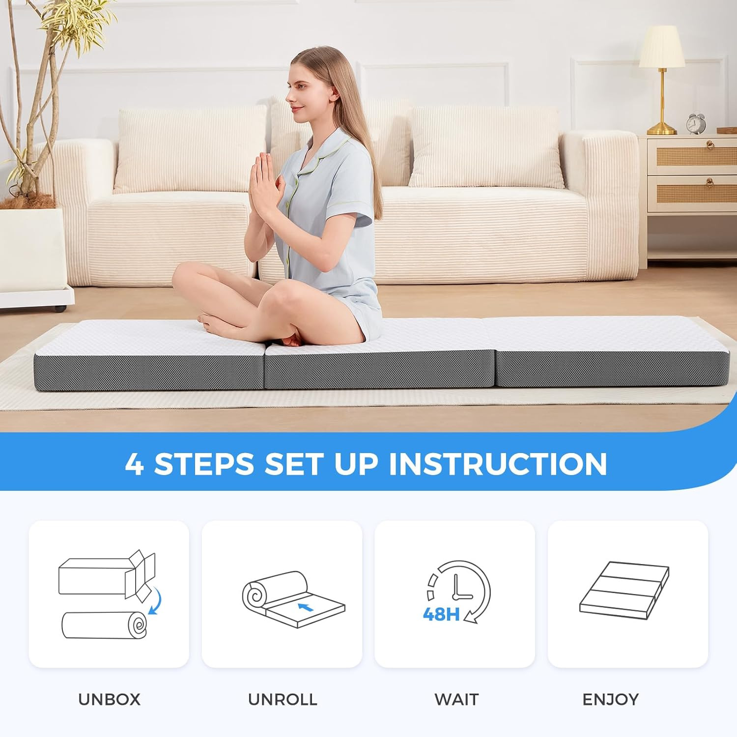 MASVIS Trifold Mattress, 4 Inch Memory Foam Foldable Mattress with Washable Cove