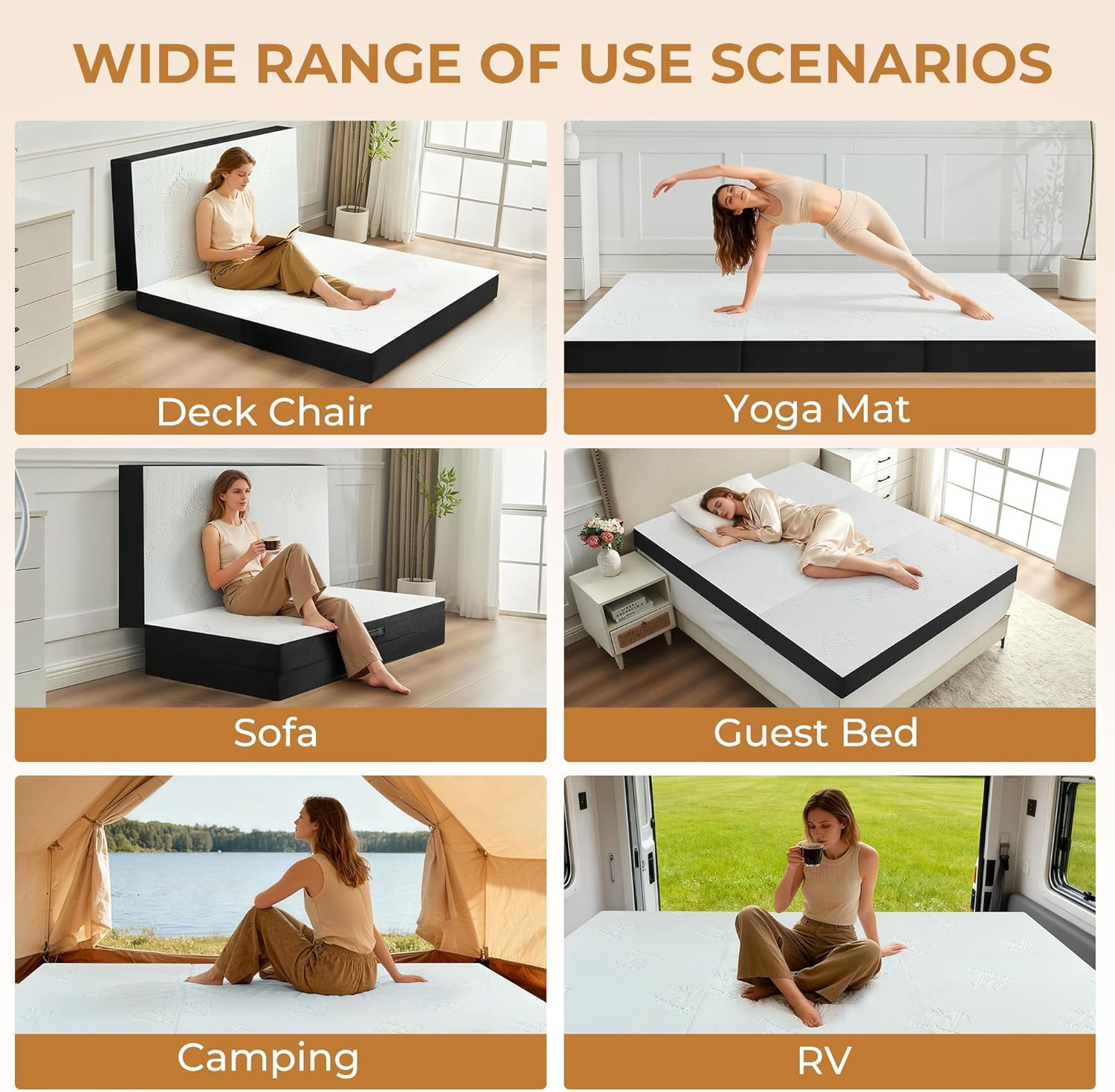 4-Inch Trifold Memory Foam Mattress with Bamboo Cover for Camping & Guests