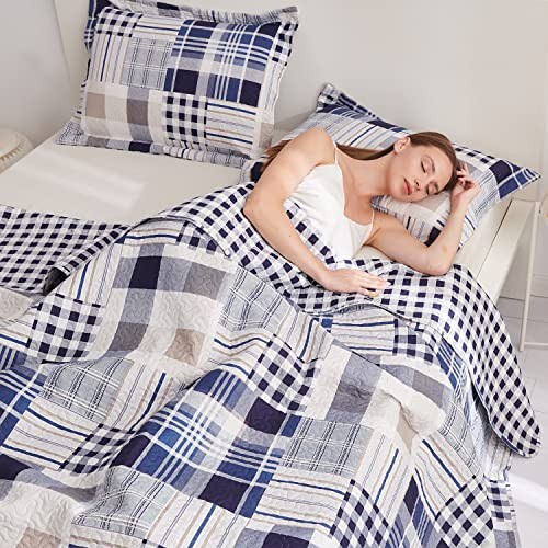 Patchwork Bedding Plaid Quilts Set Size, 3Pcs Buffalo Full/Queen Navy Blue