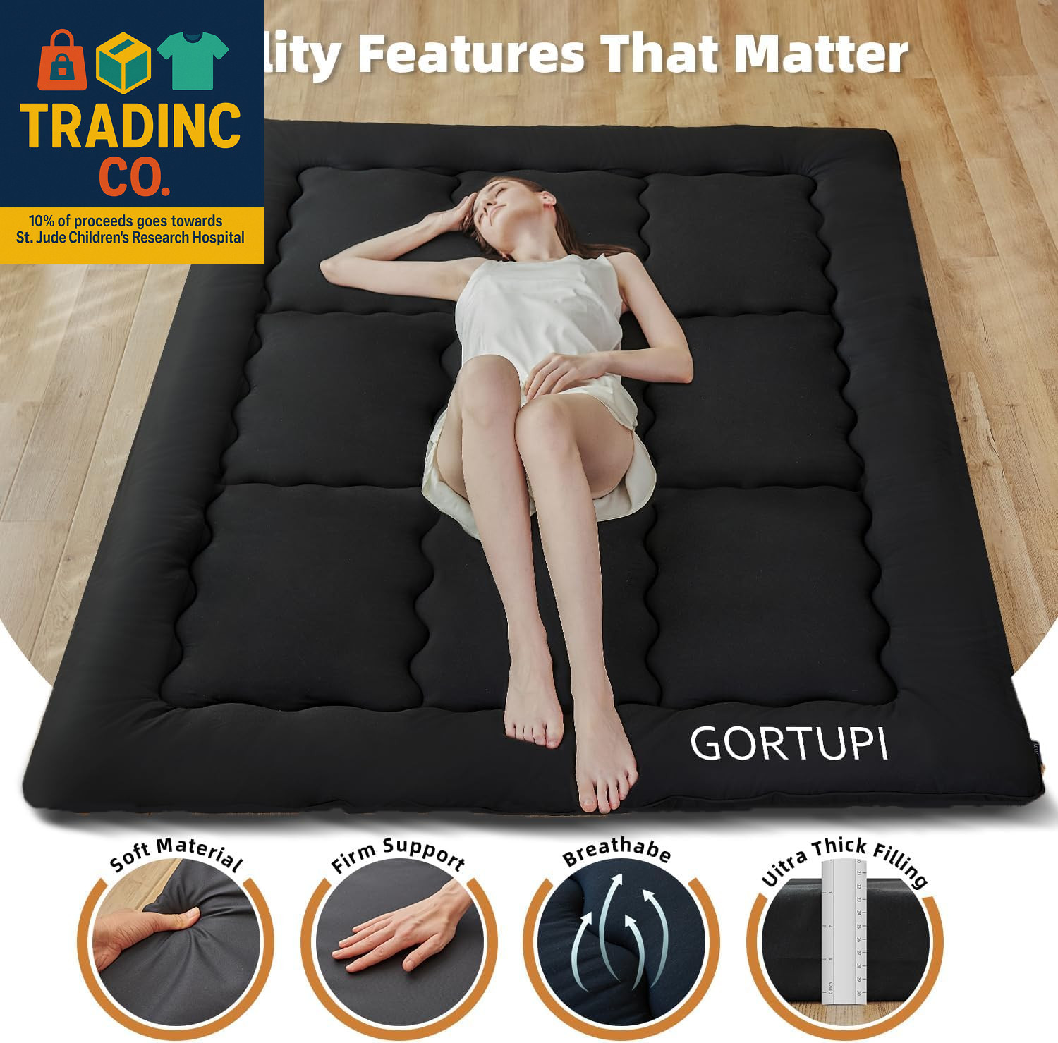 Japanese 3″ Thick Futon Mattress, Portable Twin Floor Sleeping Pad, Black Foam