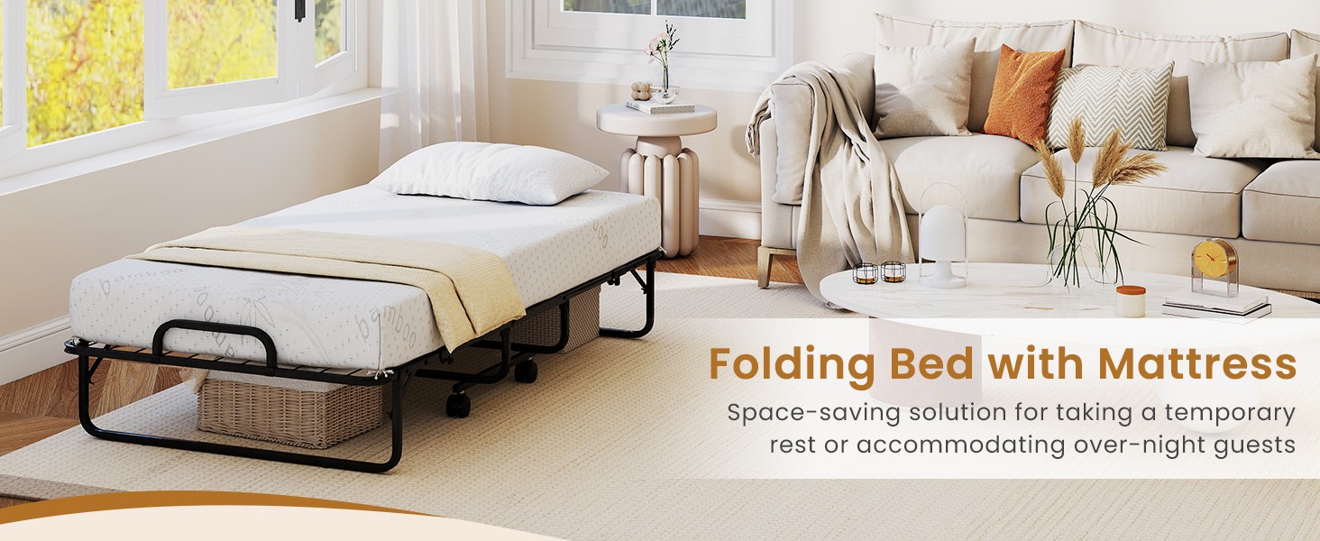Twin Folding Bed with 5 Inch Mattr, Rollaway Guest Bed with