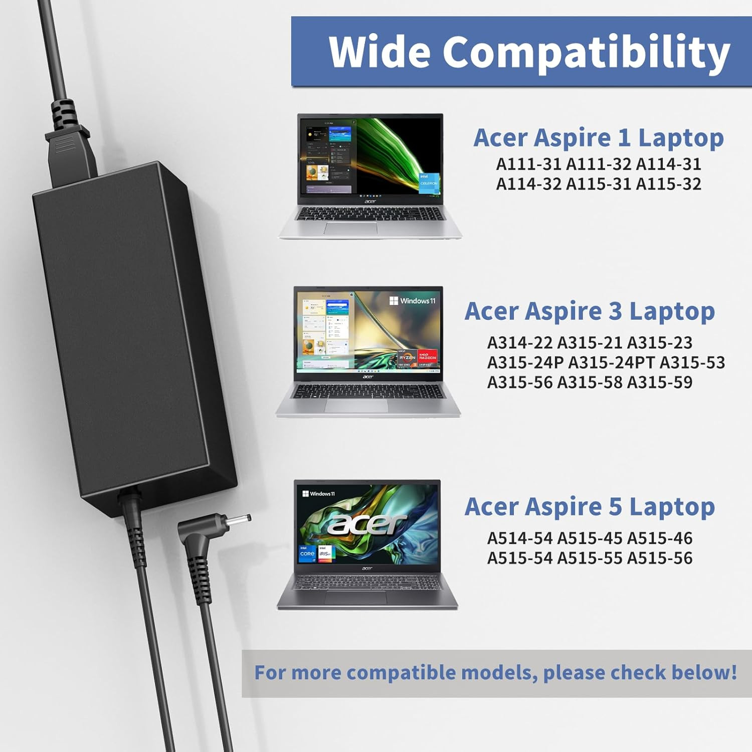 65W Laptop Charger Acer Aspire 5 3 1-AC Adapter Acer Aspire 1 3 5 Slim Laptop
