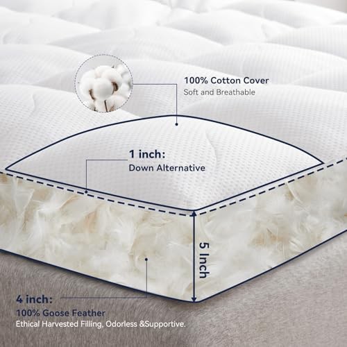 Dual Layer 5 Inch Goose Feather Mattress Topper Size, 4 Inch Goose Queen White