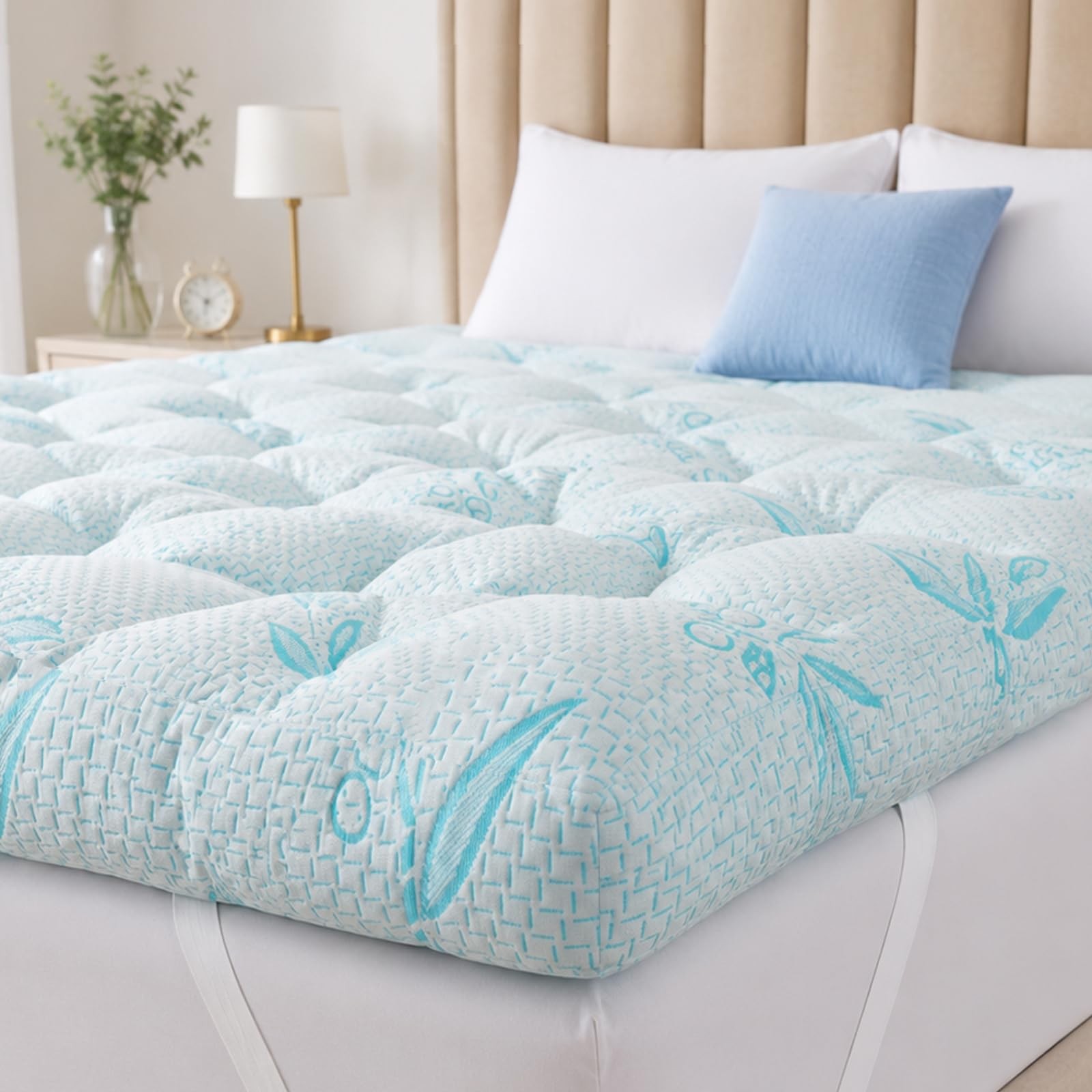 Memory Foam Mattress Topper Full 4-5 Inch, 2100 GSM Pillow Top, Blue Bamboo-V…