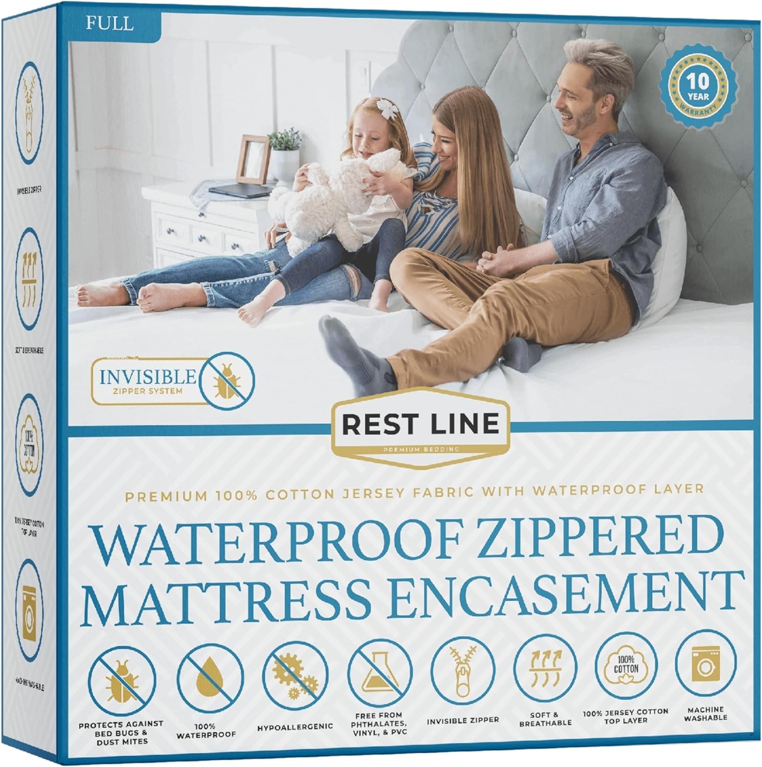 Full/Double 54×75” Premium Waterproof Zippered Mattress Full, White