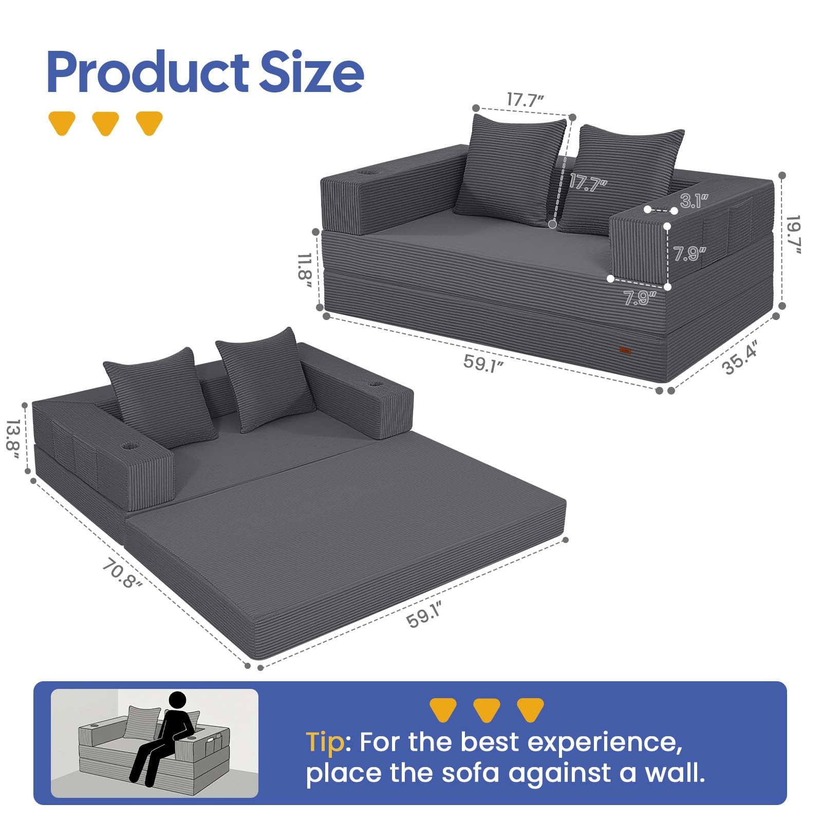 COMAX Futon Sofa Bed, 4‑in‑1 Convertible L-Shaped Loveseat, Grey
