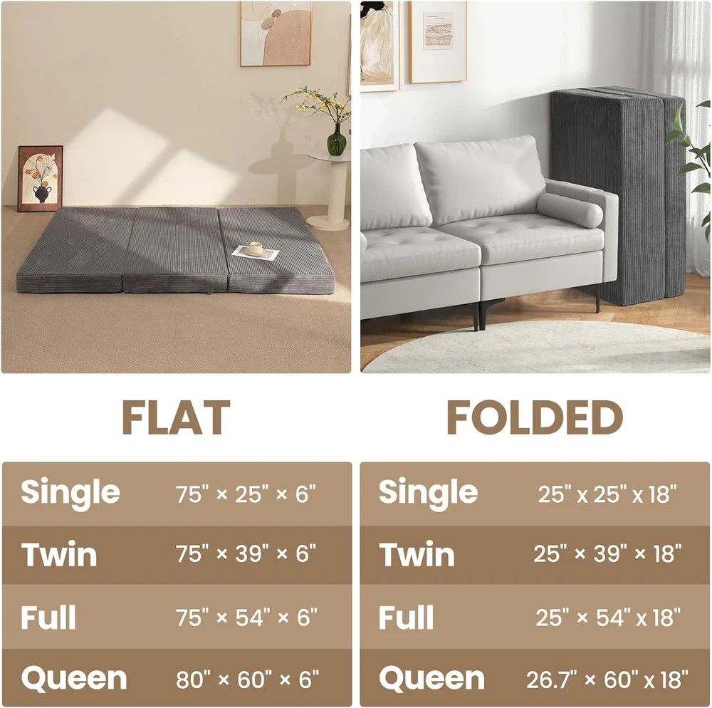 Queen Size Tri-Fold Memory Foam Mattress with Washable Cover & Carry Handles