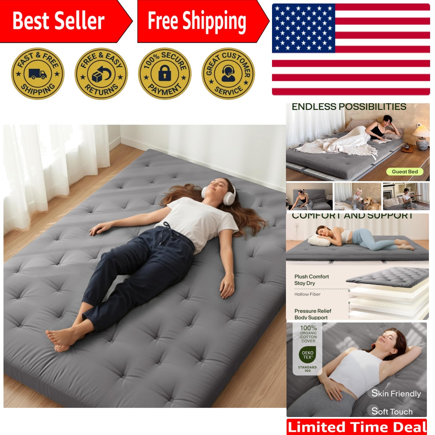 Japanese 2.5″ Thick Twin Futon Mattress – Portable Floor Sleeping Pad in Grey
