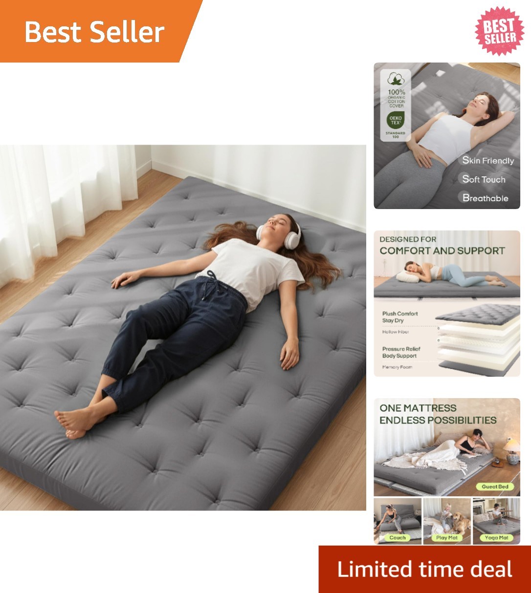 Multi-Functional 100% Cotton Queen Futon Mattress – 80″x60″ Foldable Design
