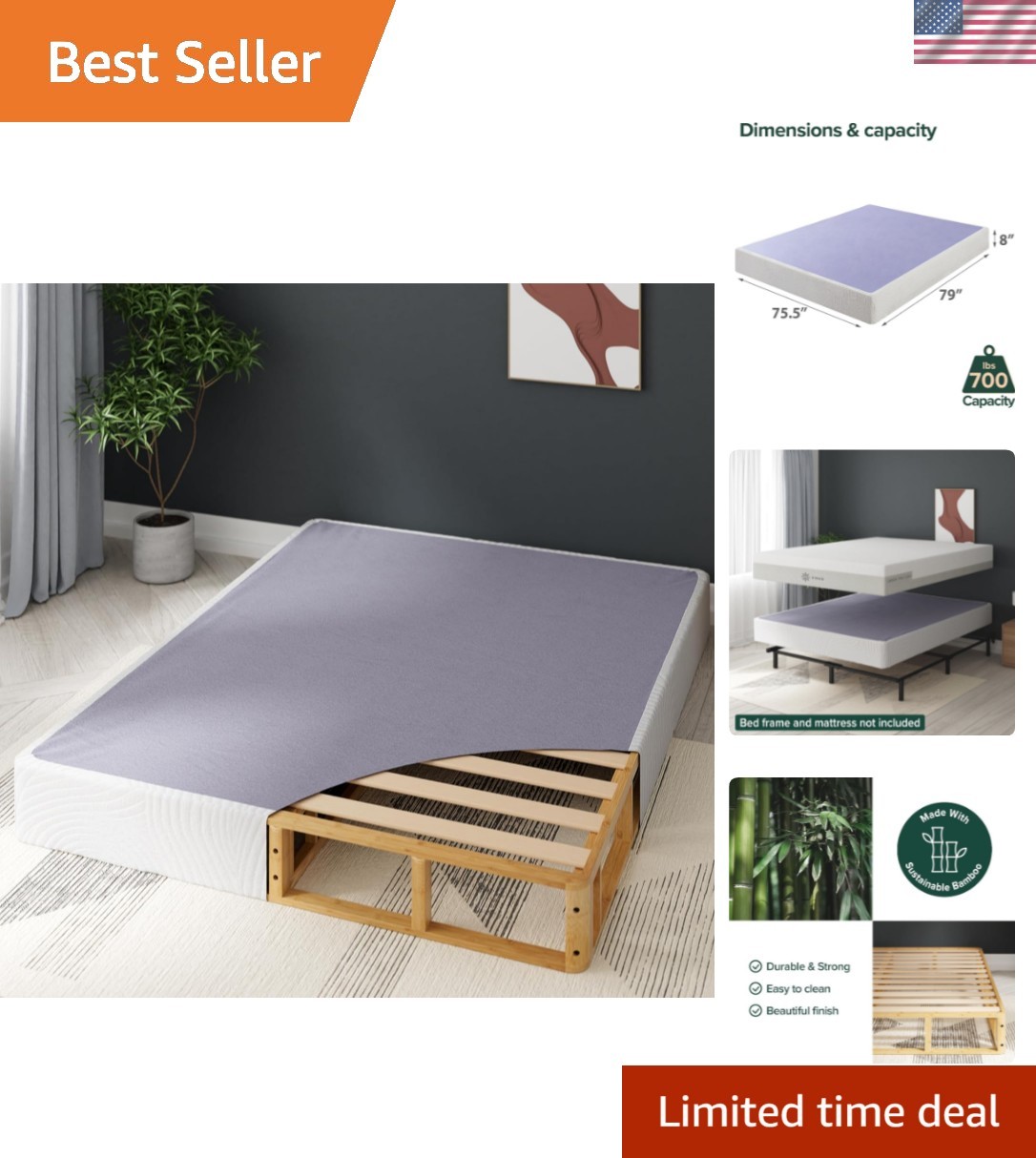 Edgar 8 Inch Bamboo Box Spring, Mattress Foundation, Sturdy Bamboo Structure,…