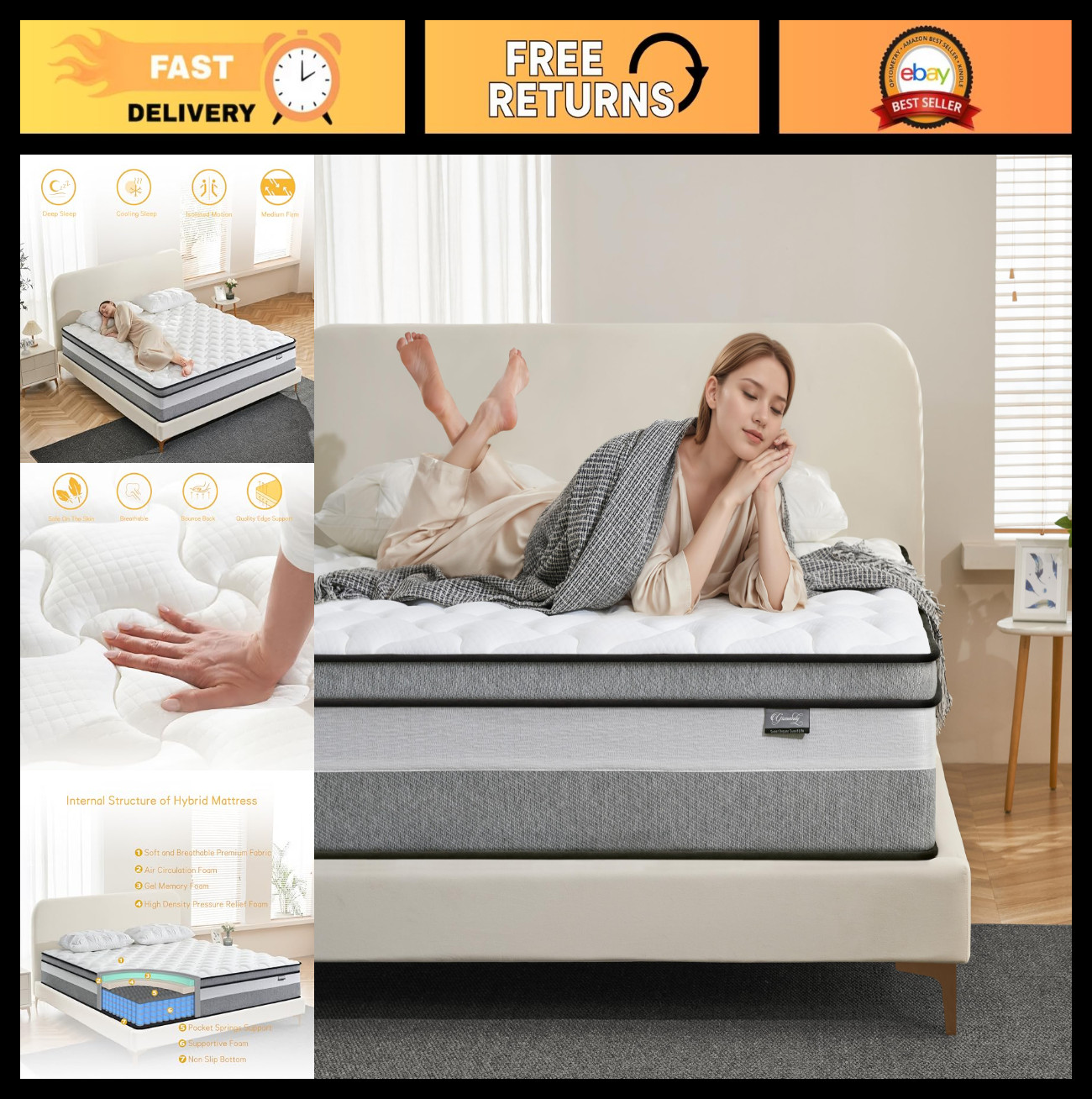14″ King Size Mattress – Medium Firm Cooling Gel Memory Foam & Pocket Coils, Pre