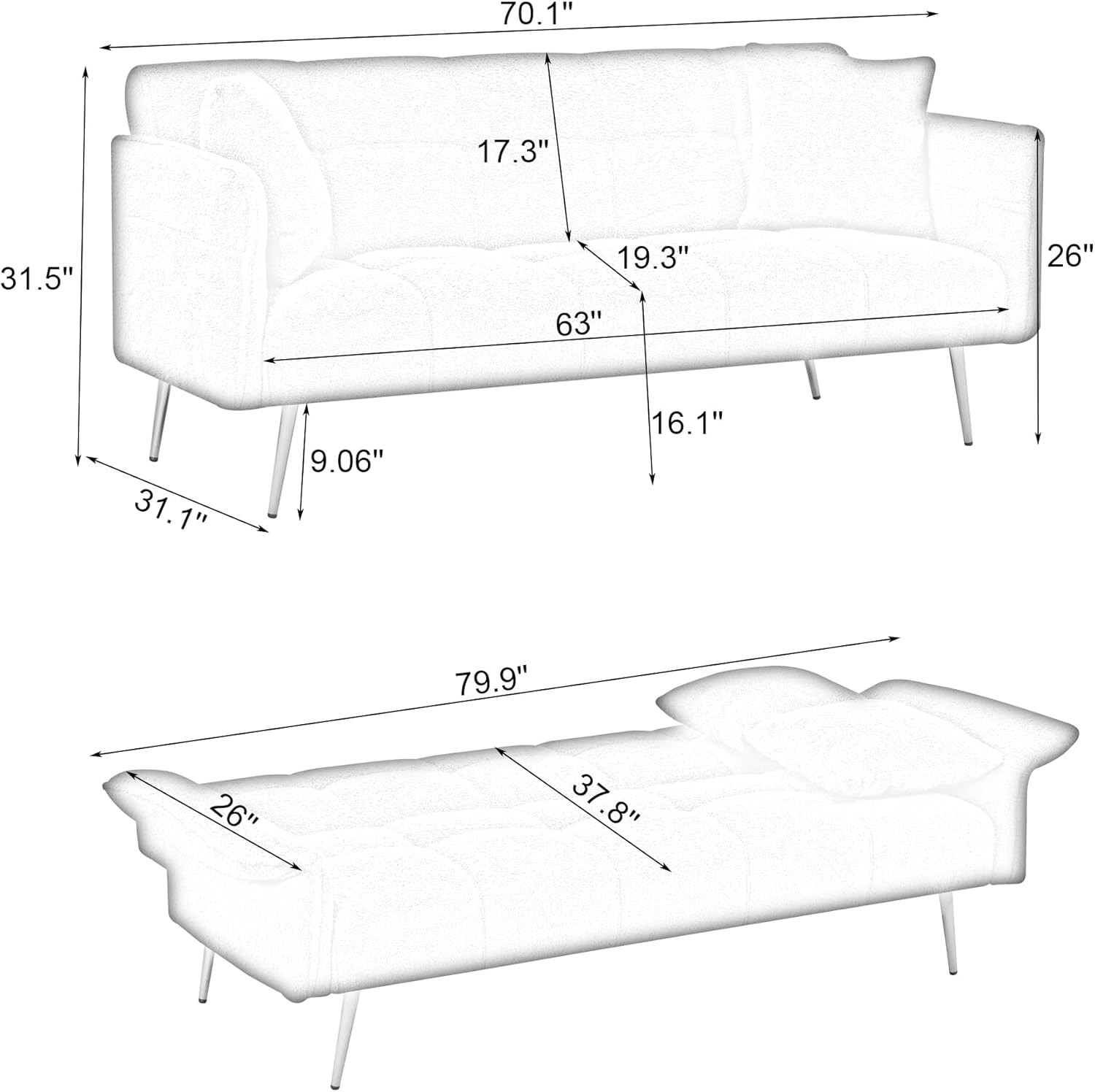 70.1″ Futon Sofa Bed with Folding Armrests,Convertible Double Couch W/ 3