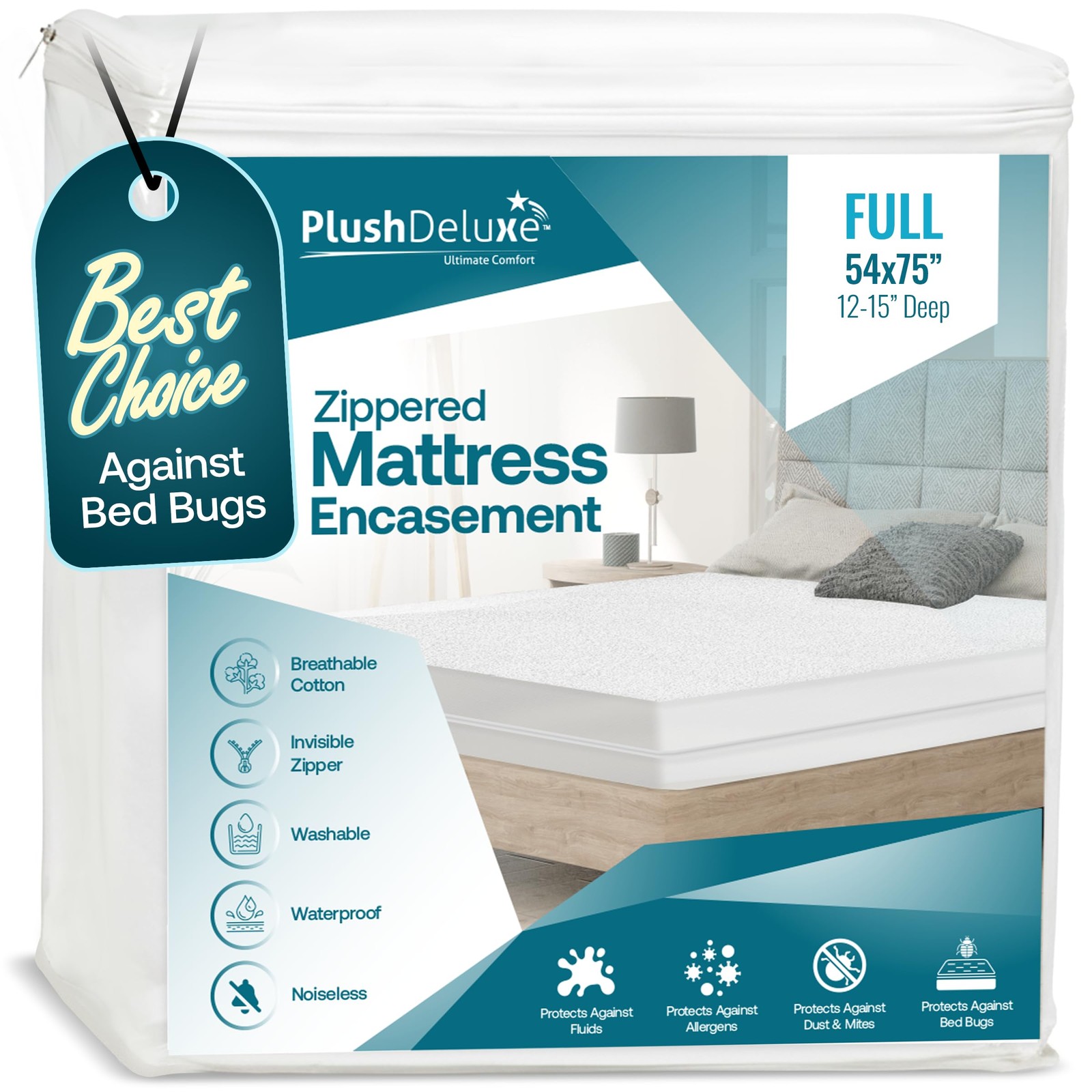 PlushDeluxe Full Size Premium Mattress Encasement – Zippered Waterproof, Bedb…