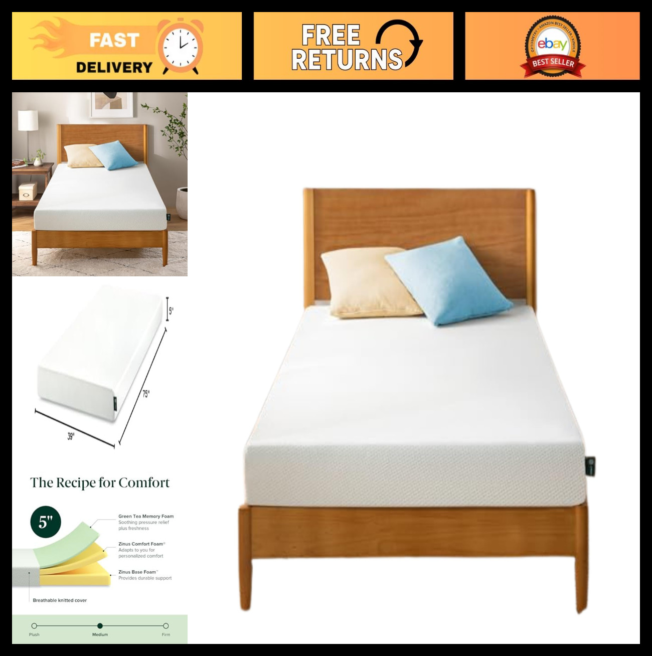 5-Inch Twin Memory Foam Mattress – Green Tea Infused, Medium Firm, Fiberglass Fr