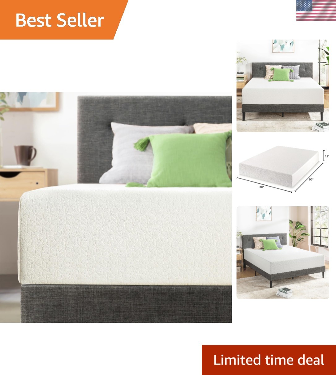 Eco-Friendly 12-Inch Queen Mattress – Green Tea Memory Foam for Nightly Bliss