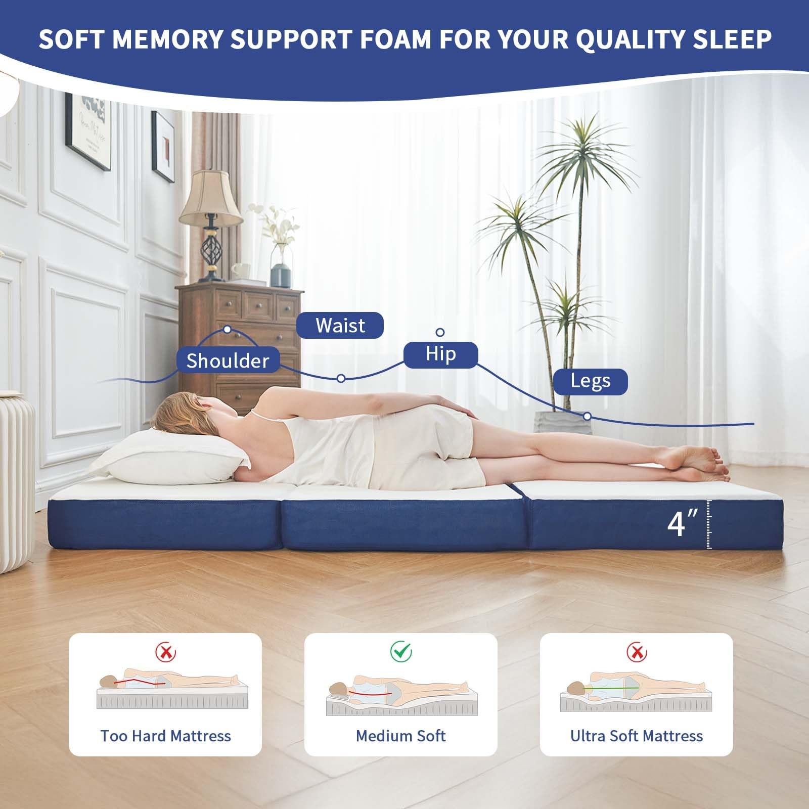 Folding Mattress Single Size,4 inch Memory Foam Tri-Fold Single Floor Mattres…