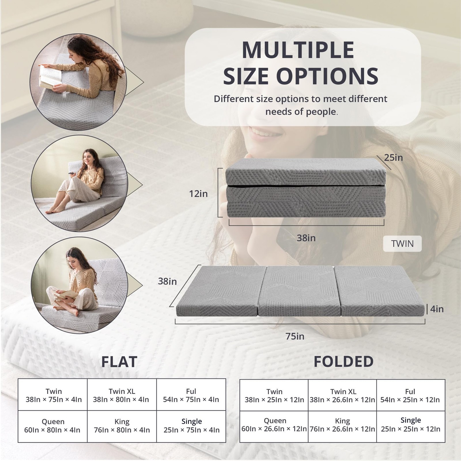Folding Mattress, 4 Inch Single Tri Folding Memory Foam Mattress for Camping …