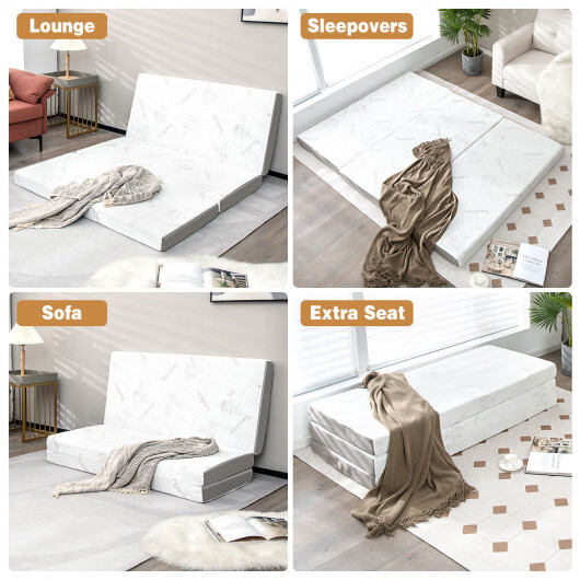 4 Inch Tri-fold Cooling Gel Memory Foam Mattress-Queen Size – Color: White – Siz