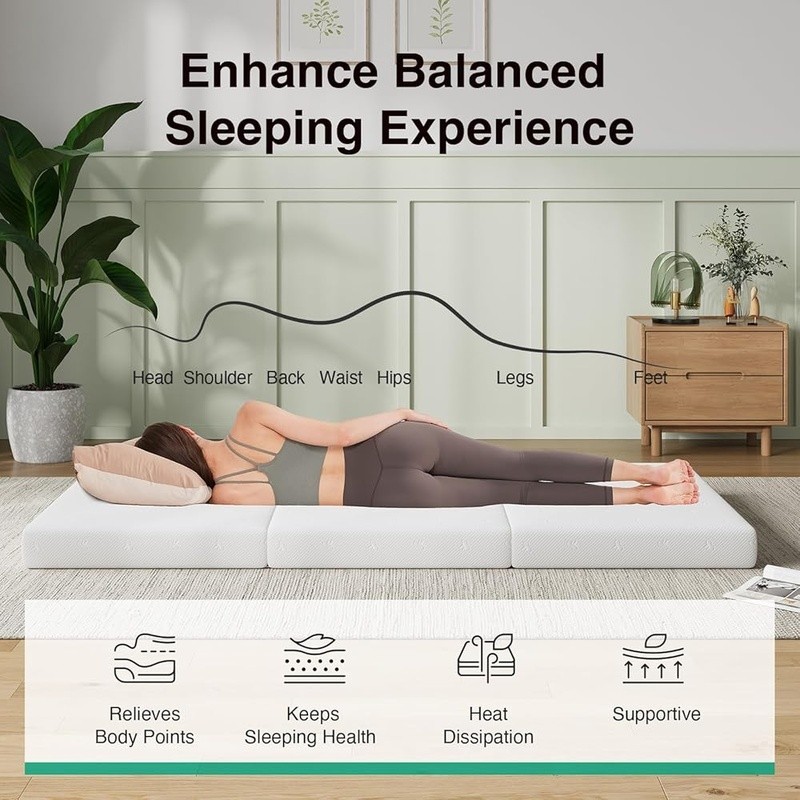 Portable Tri-Fold Mattress Comfortable Foldable Sofa Topper Memory Foam Travel