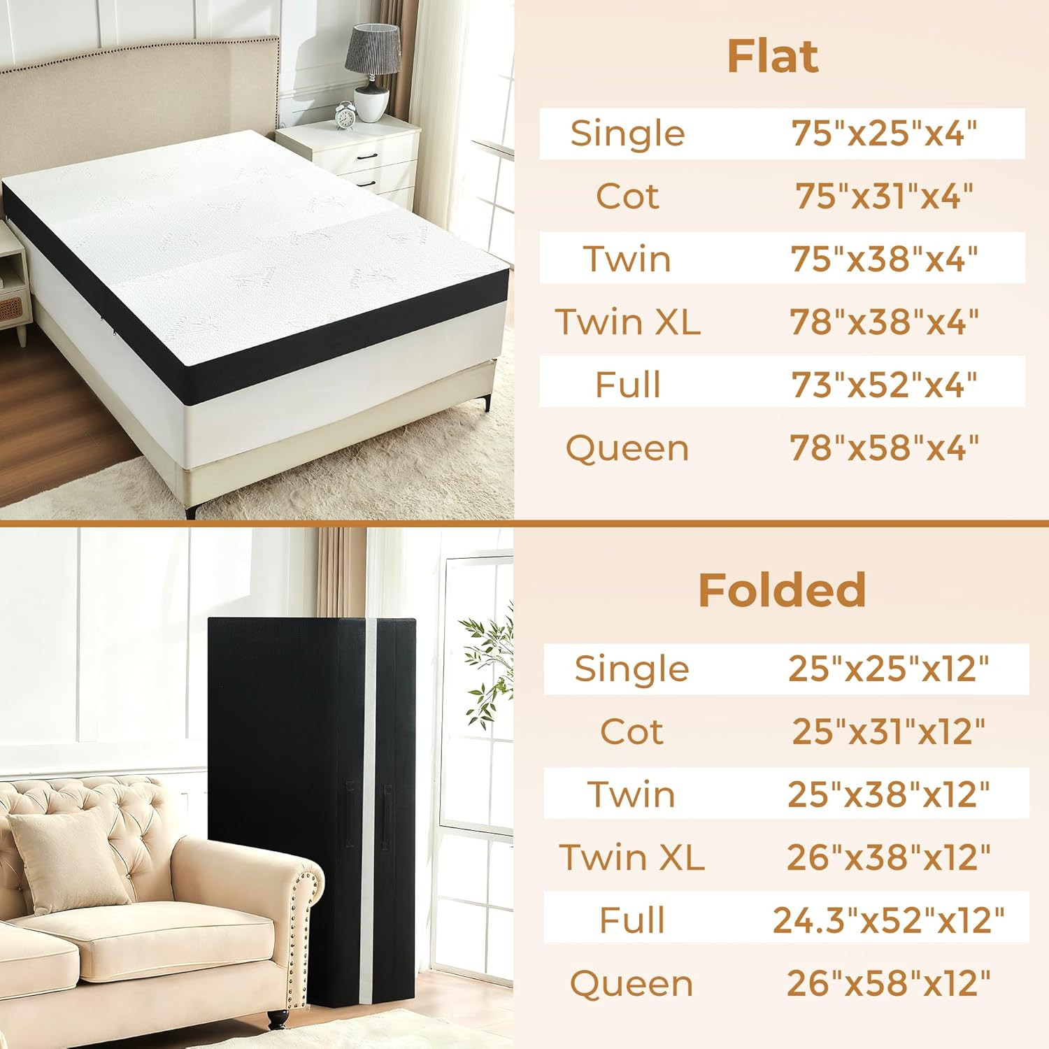 4-Inch Trifold Memory Foam Mattress with Bamboo Cover for Camping & Guests