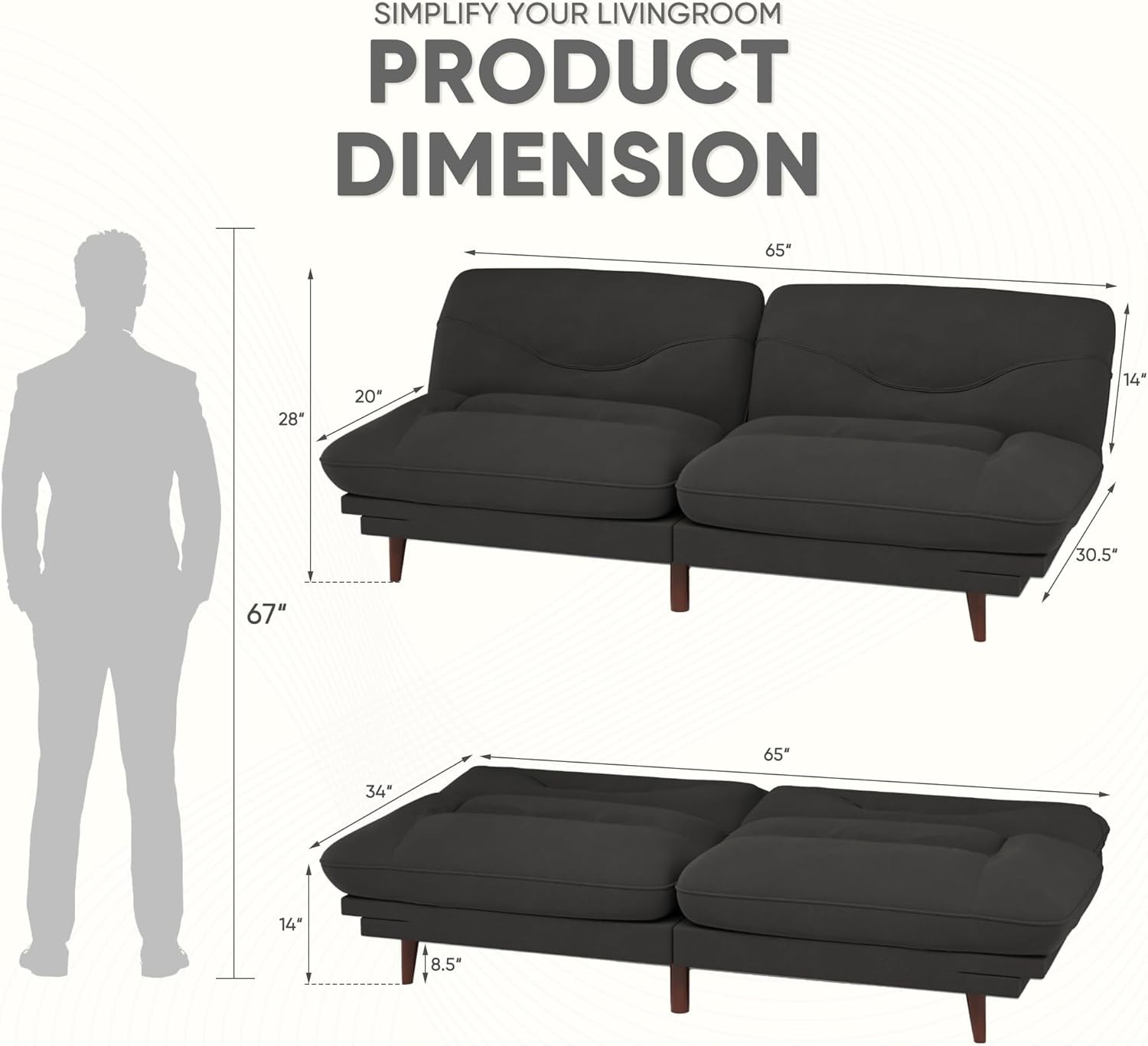 Convertible Futon Sofa Bed, Sleeper Futon Couch with Adjustable