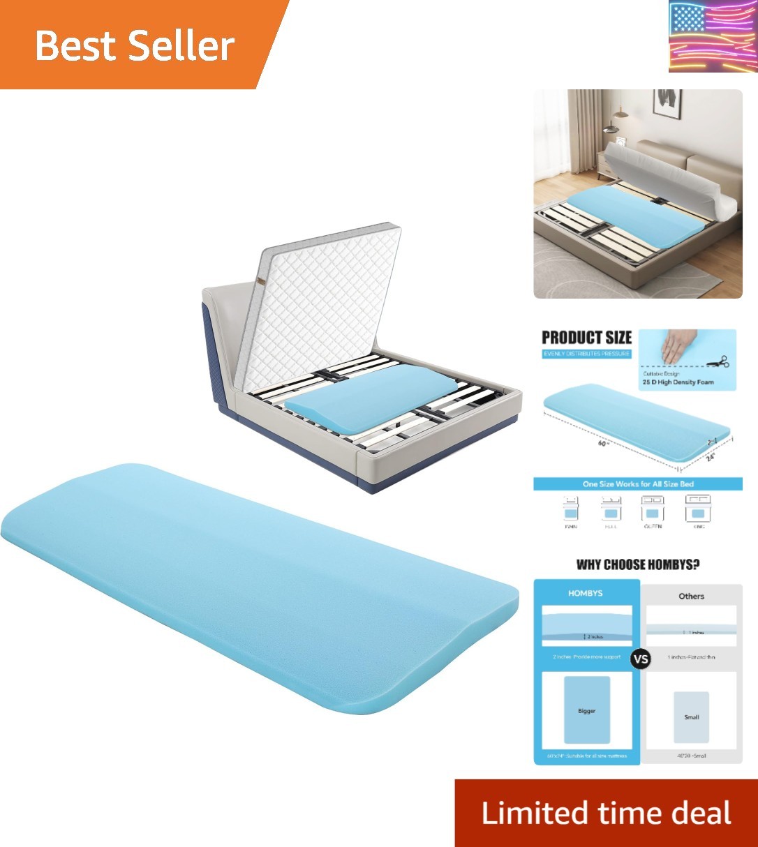 40D Sagging Mattress Support, 60″ L High Density Foam Pad for Under Bed Sinki…