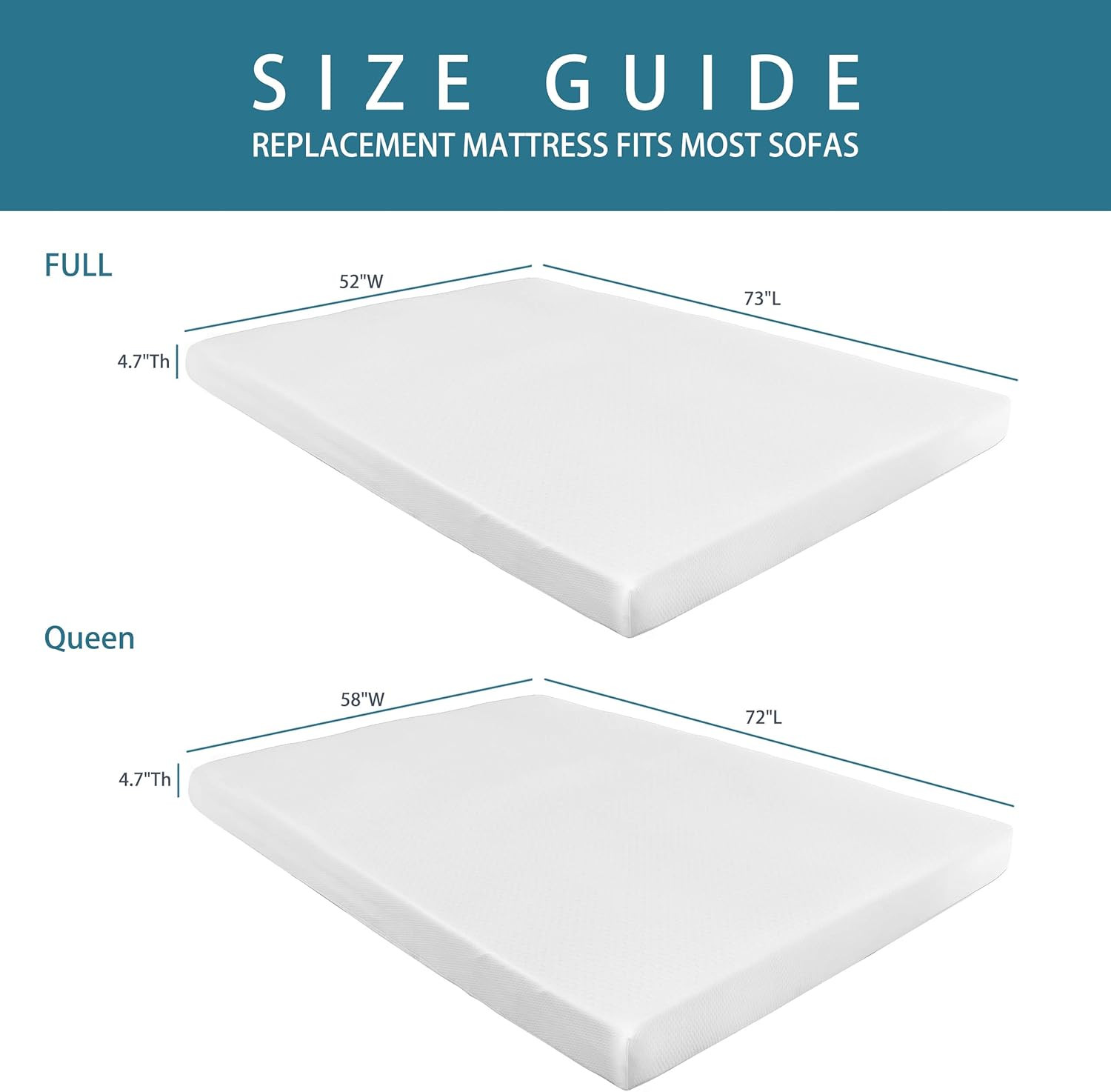 Queen Size 4.7″ Memory Foam Mattress Replacement with Washable Cover