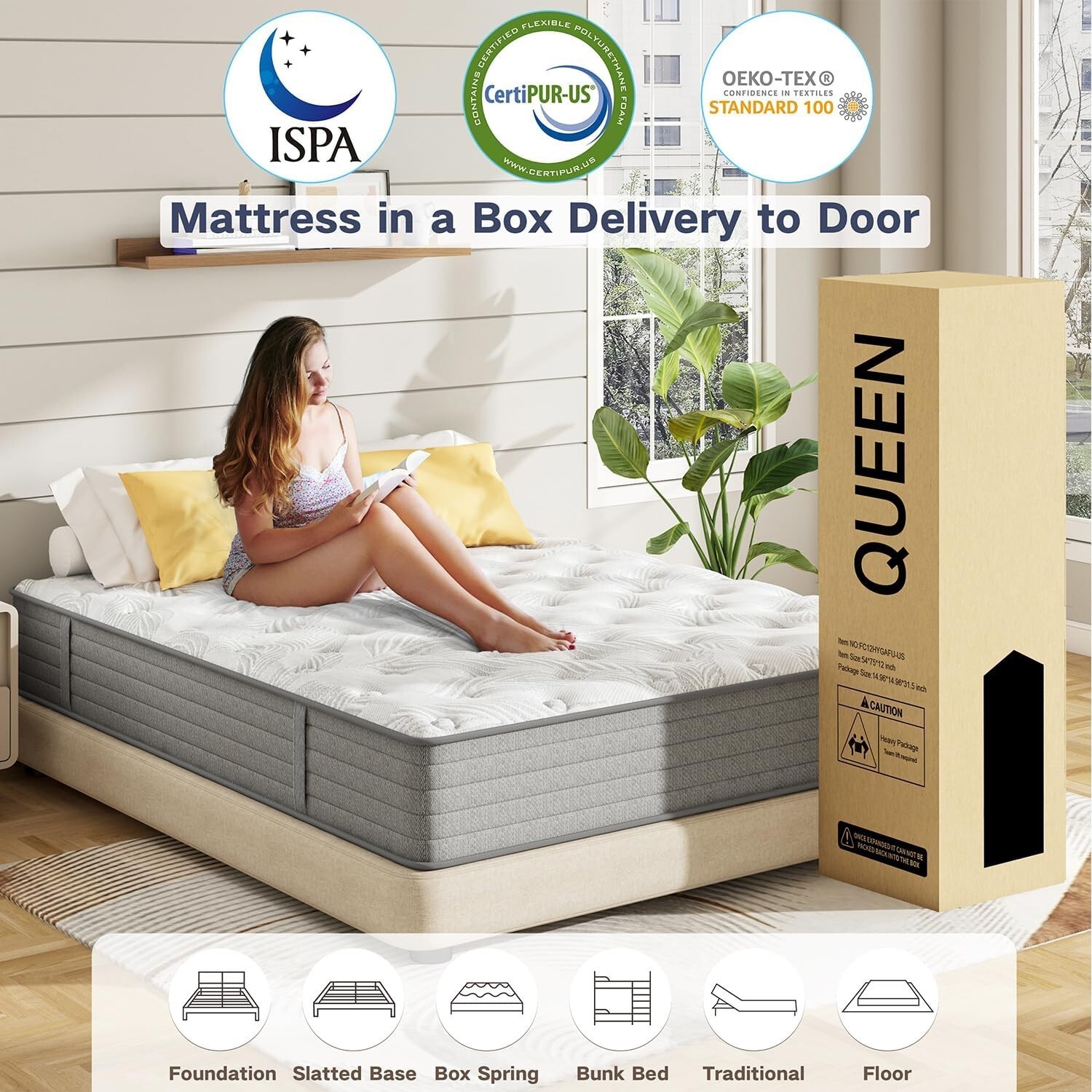 12″ Queen Size Mattress in a Box Hybrid Spring Memory Foam with Motion Isolating