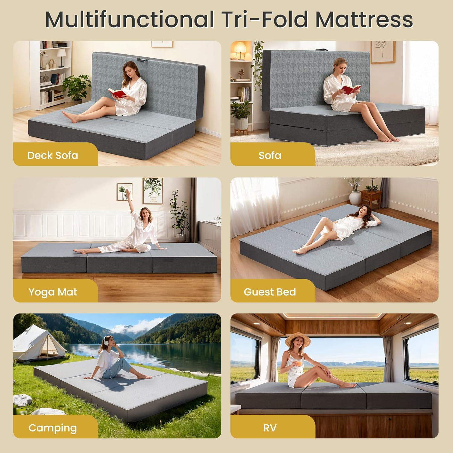 Queen Size Tri-Fold Memory Foam Mattress – 6 Inch Portable Folding Bed