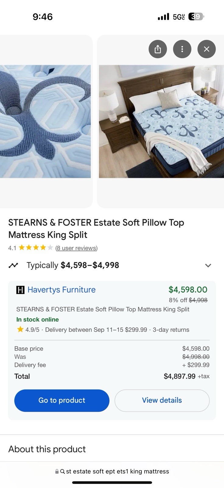 King Stearns & Foster 17″ Euro Pillow Top Soft Mattress