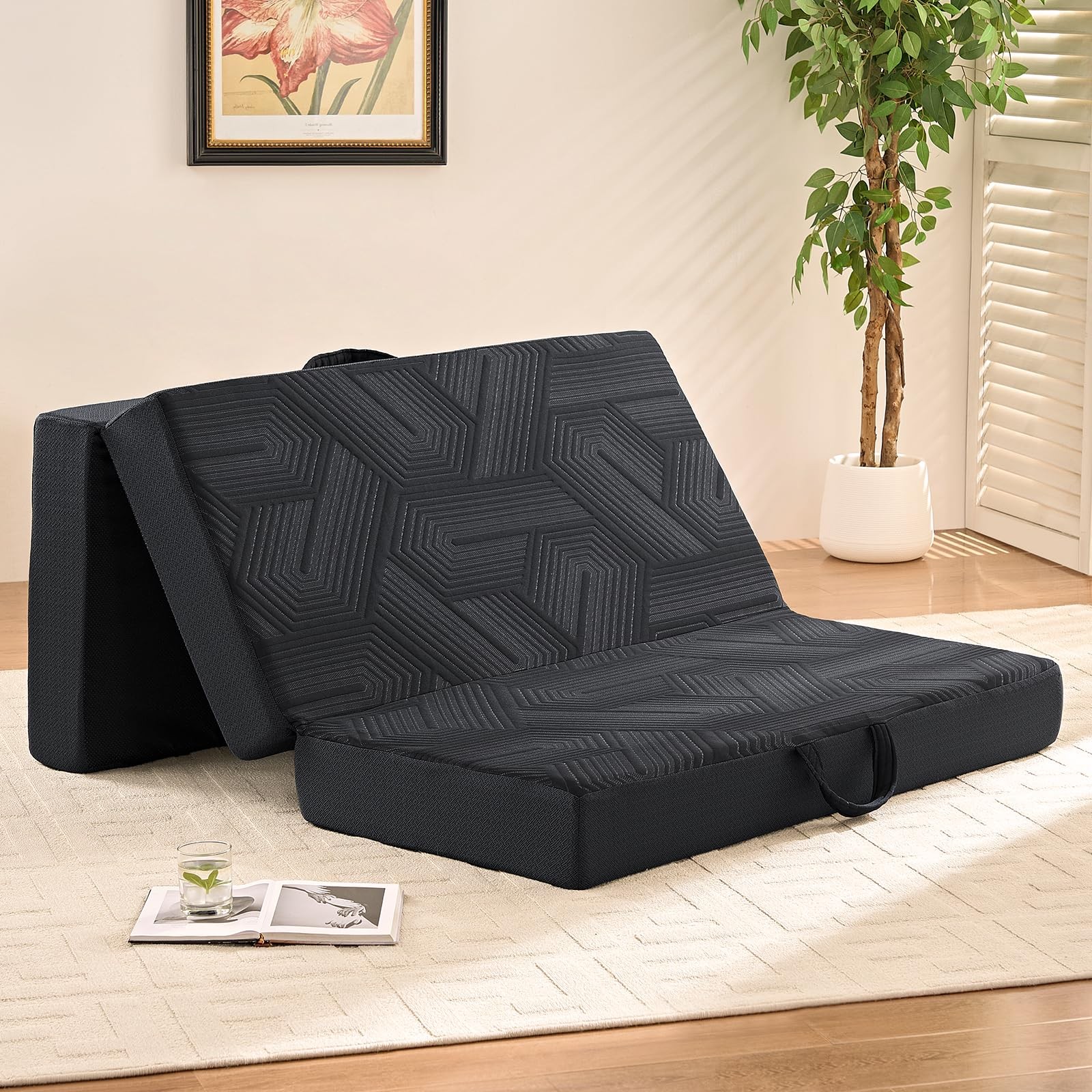 Memory Foam Mattress, Queen Size 4 Inch Tri-Fold Mattress, Handles and Non-Sl…