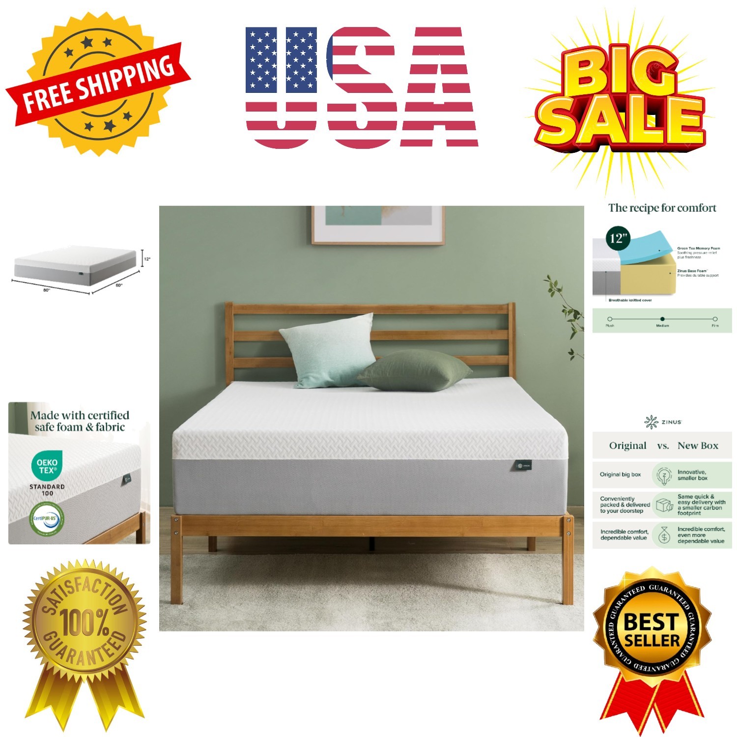 12 Inch Green Tea Essential Memory Foam Mattress [New Version], Queen, Fiberg…