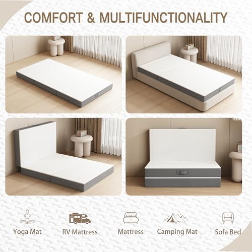 6″ Tri-Fold Memory Foam Mattress Topper – Washable, Reversible, Portable for Tra