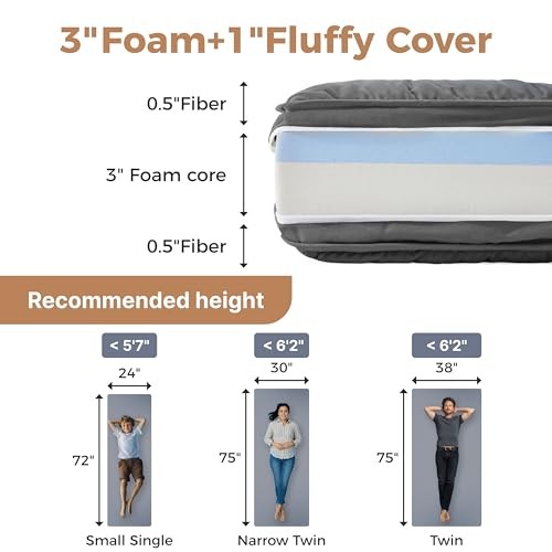 4Inch Twin Floor Mattress,3-Layer Structure Cot Twin:75″x38″ Dark Gray