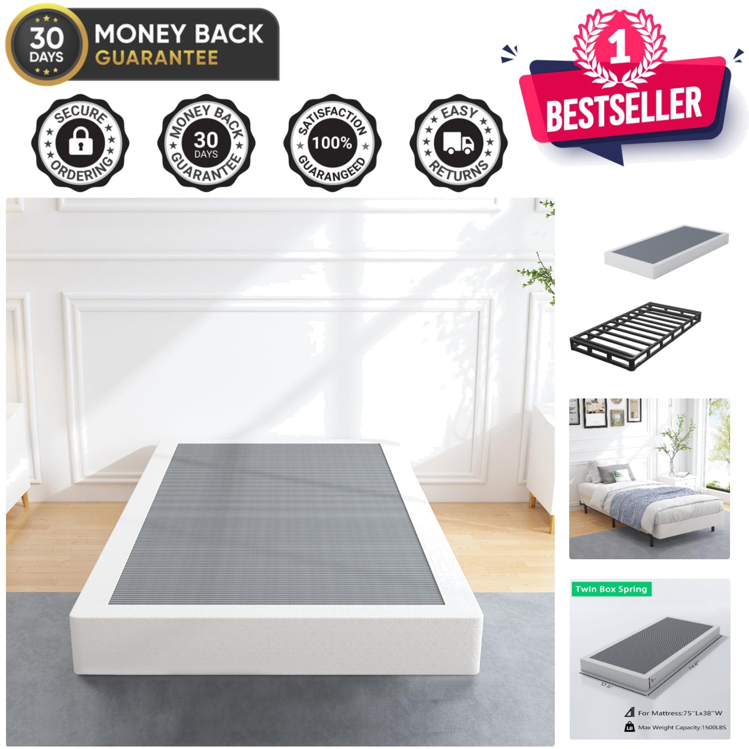 5 Inch Twin Box Spring with Easy Clean Cover – Perfect for All Mattress Types