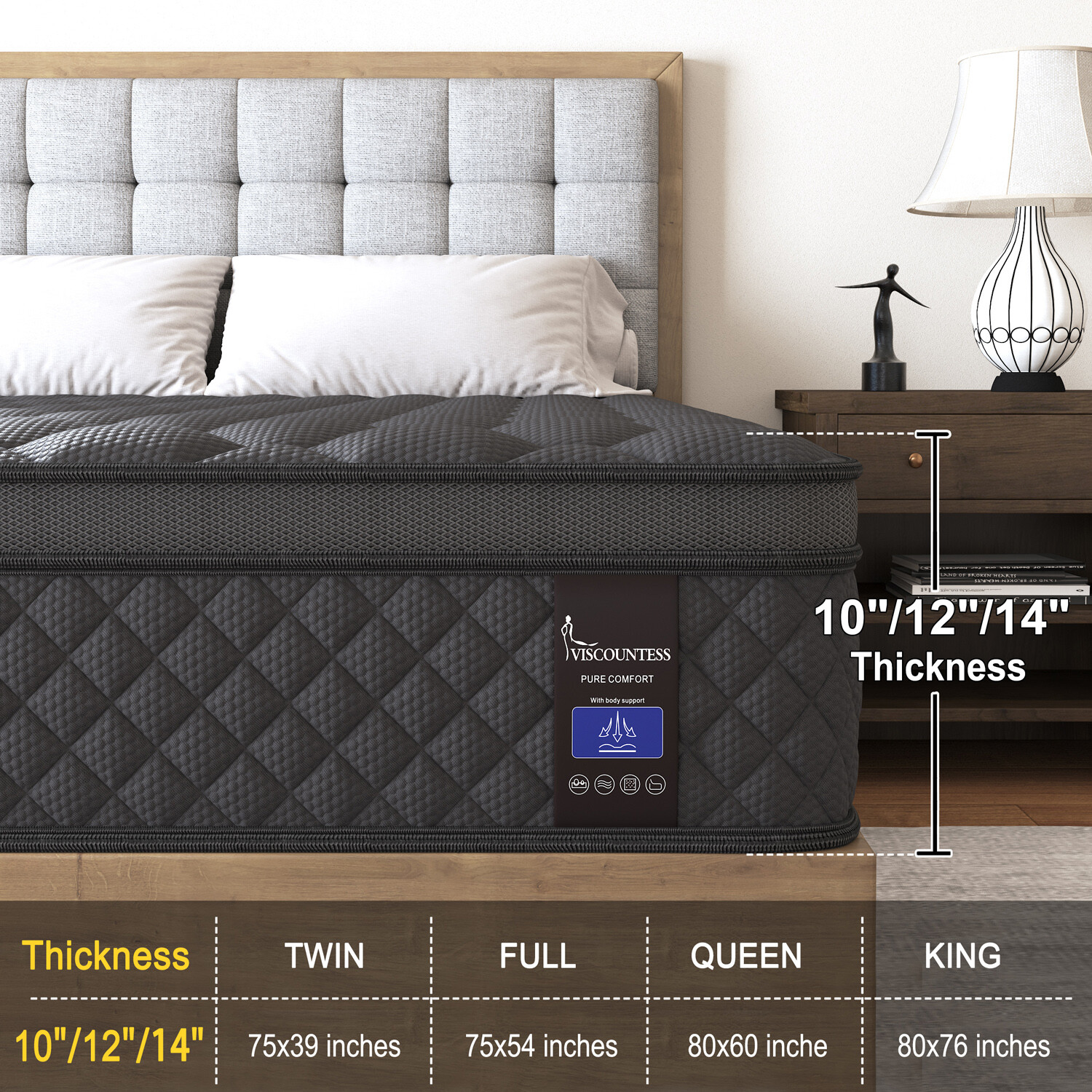 10″ 12″ 14″ Gel Memory Foam Mattress Twin Full Queen King Hybrid Spring In A Box