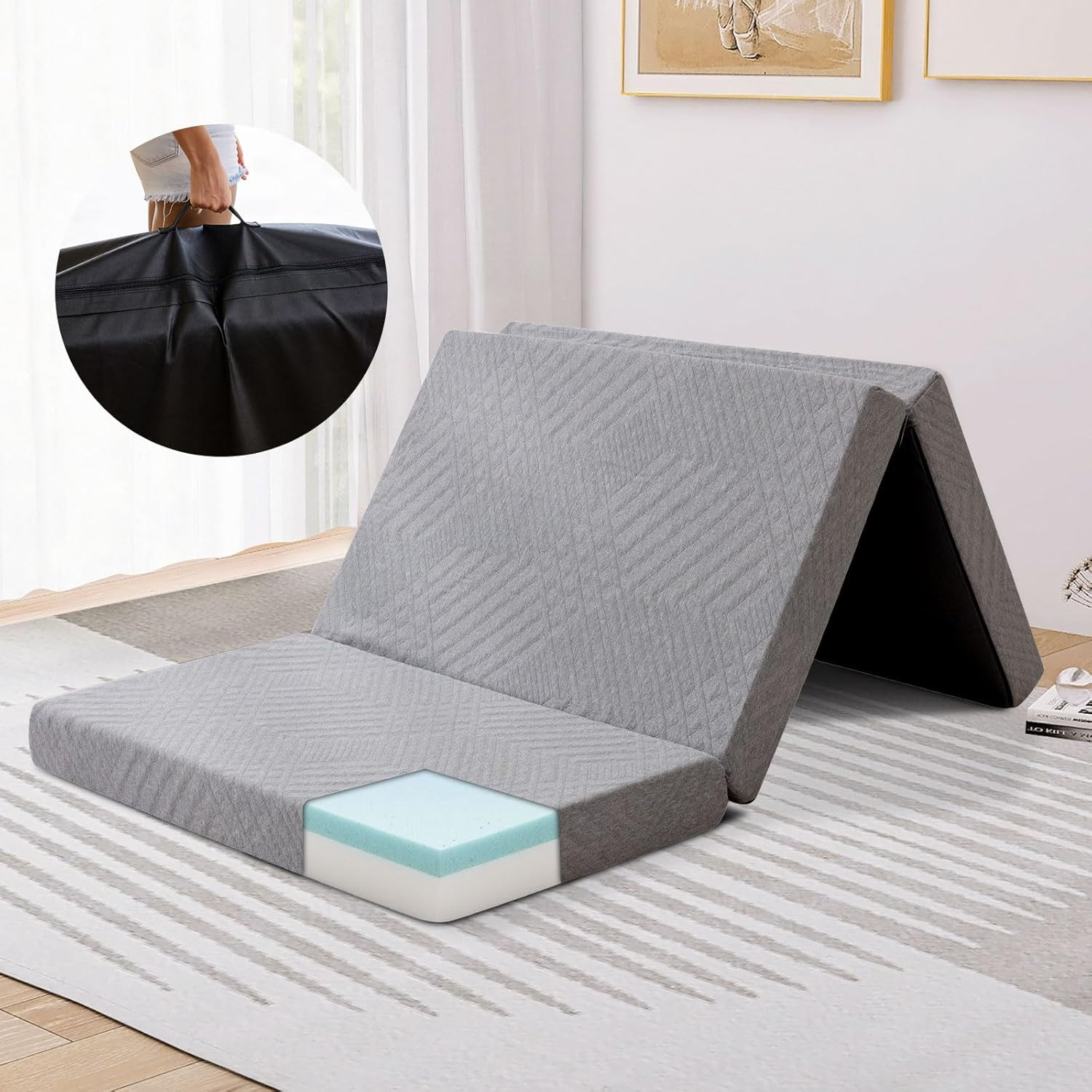 Folding Mattress Twin, 4 Inch Foldable Trifold Memory Foam Mattress with Bag, Po