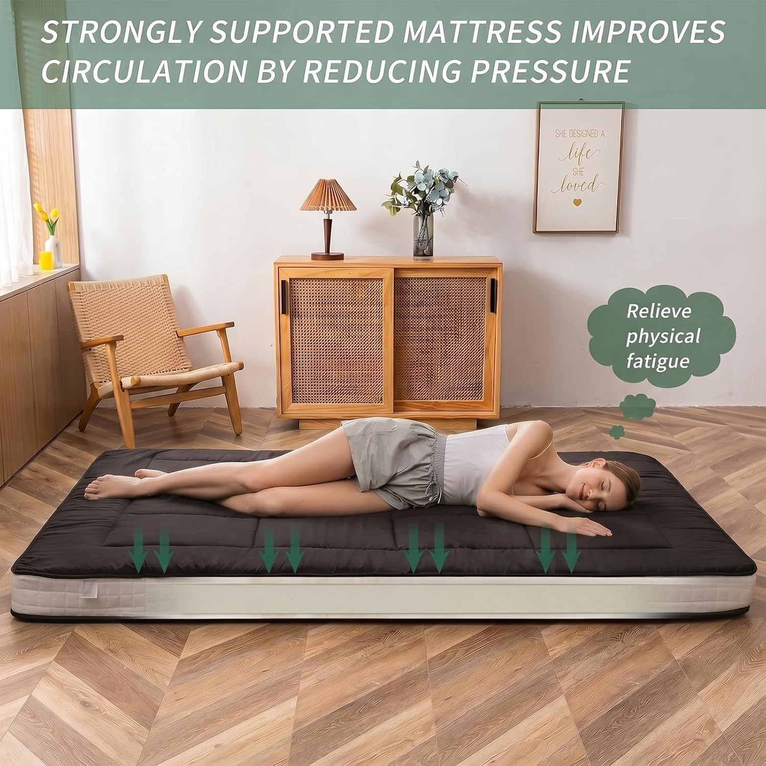 Full Size Japanese Futon Mattress Thick Folding Floor Sleeping Pad Black