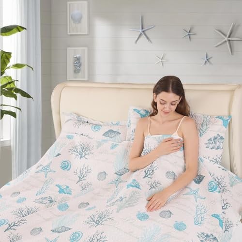 3-Piece Ocean Quilts Set Full/Queen Size Beach Queen/Full White Light Green