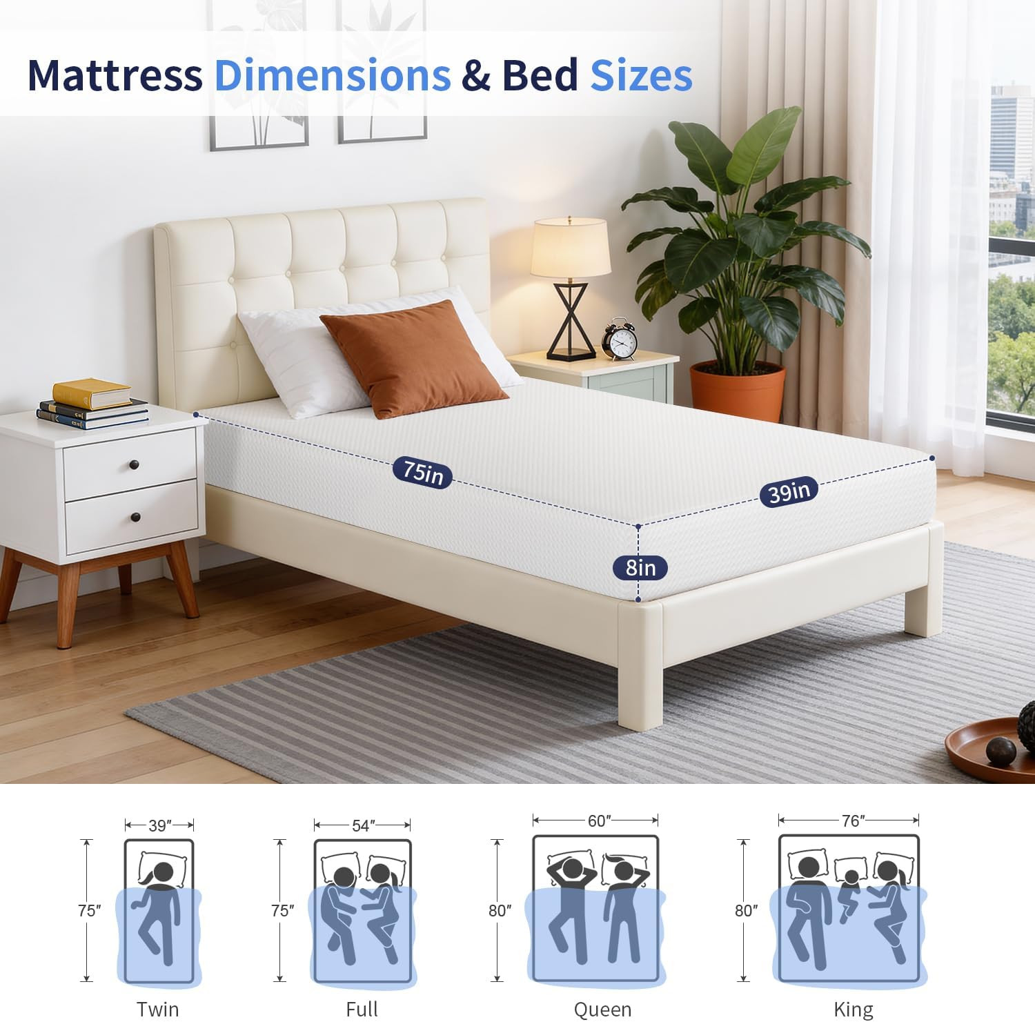 | 8 Inch Twin Mattress | Medium Firm | Gel Memory Foam Mattress | White | Bed in
