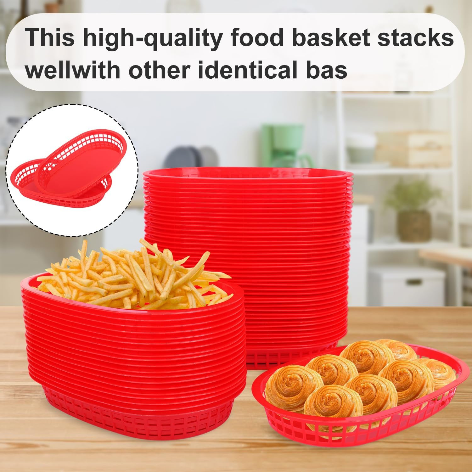 60 Pack Fast Food Baskets, 10.6 X6. 7 Inch Versatile Red Plastic Food Baskets, F