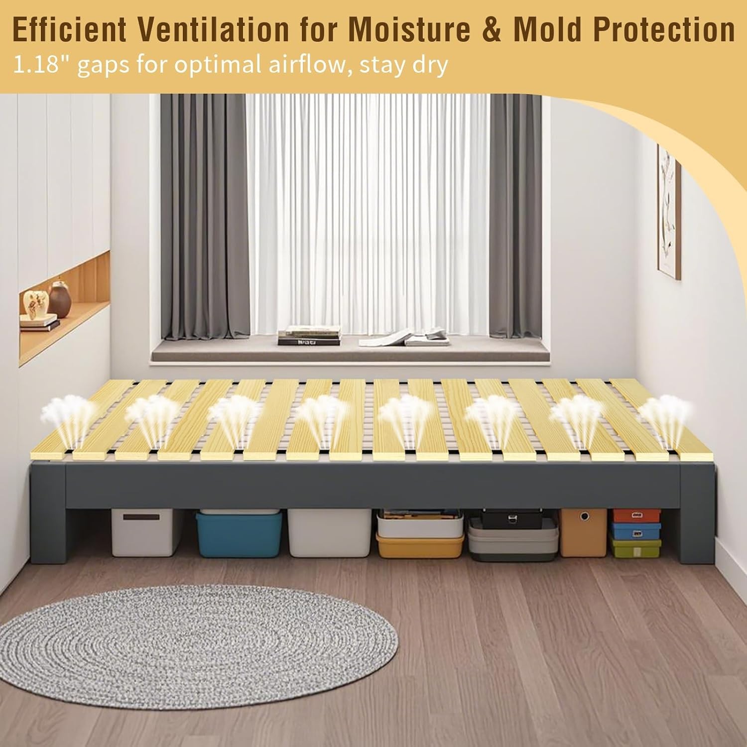 Japanese Tati Mat Floor Bed, Knotl Solid Wood, Roll-Up Slatted, Bed