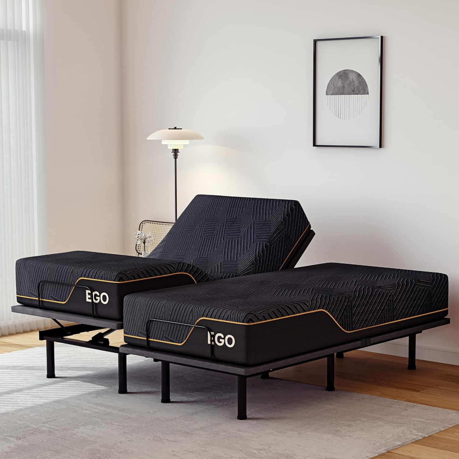 EGOHOME Split King Adjustable Bed Frame & 14″ Memory Foam Mattress Set