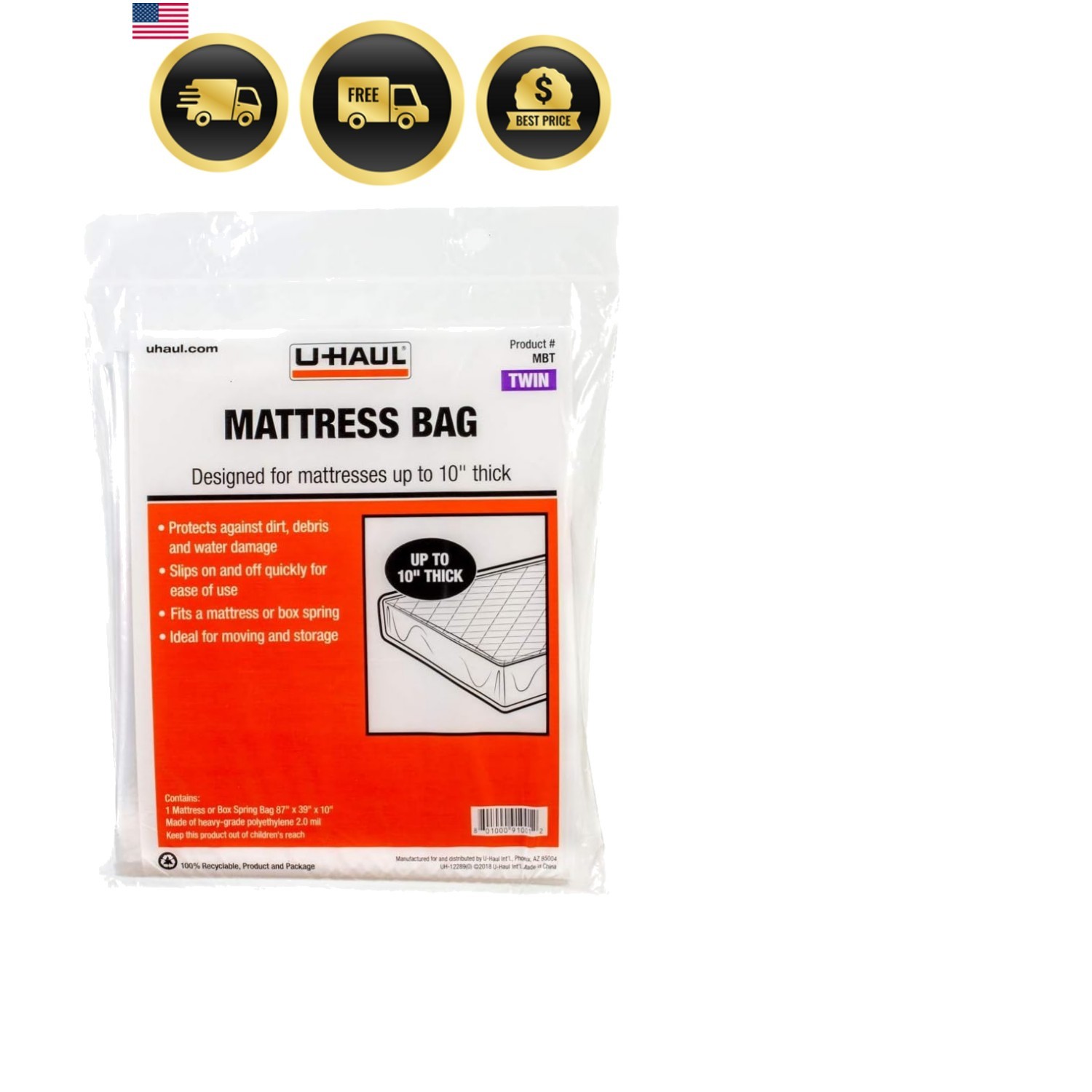 Water-Repellent Twin Mattress Cover – 87″ x 39″ x 10″ for Easy Moving & Storage