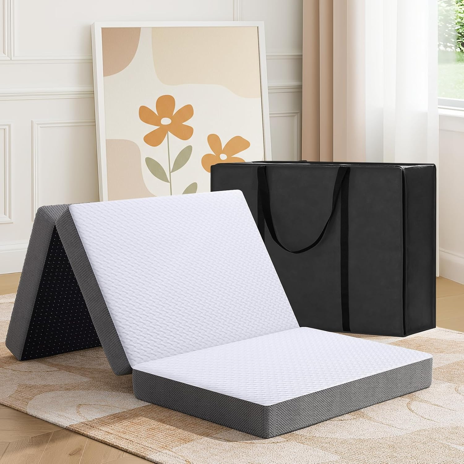 Trifold Mattress, 4 Inch Memory Foam Foldable Mattress with Washable Cover, Tri-