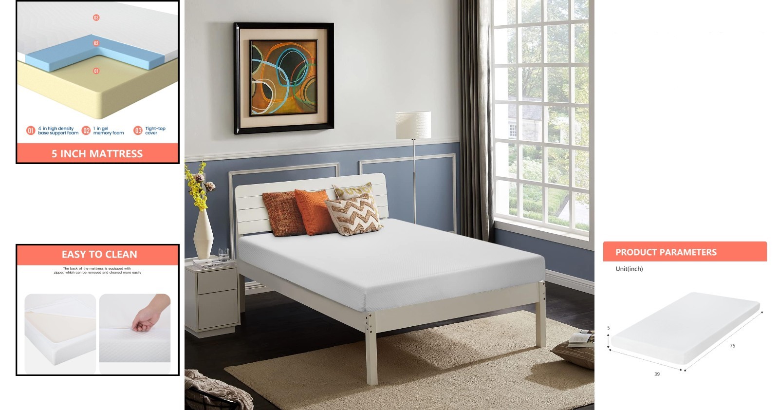 5 Inch Twin Mattress in White – Cooling Gel Memory Foam with Pressure Relief