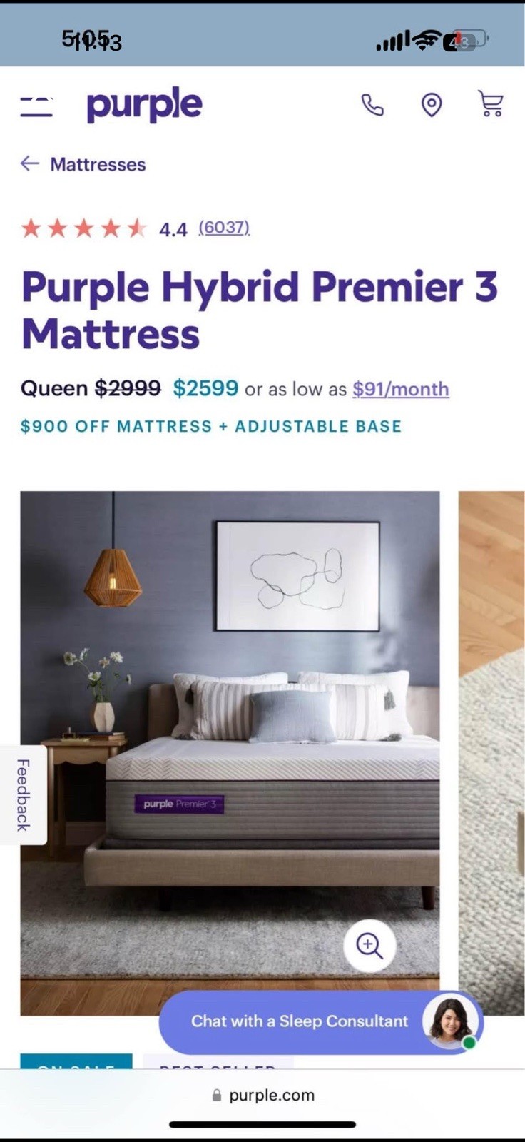 Purple Hybrid 3 Queen Mattress with Adjustable Bed frame and separate headboard